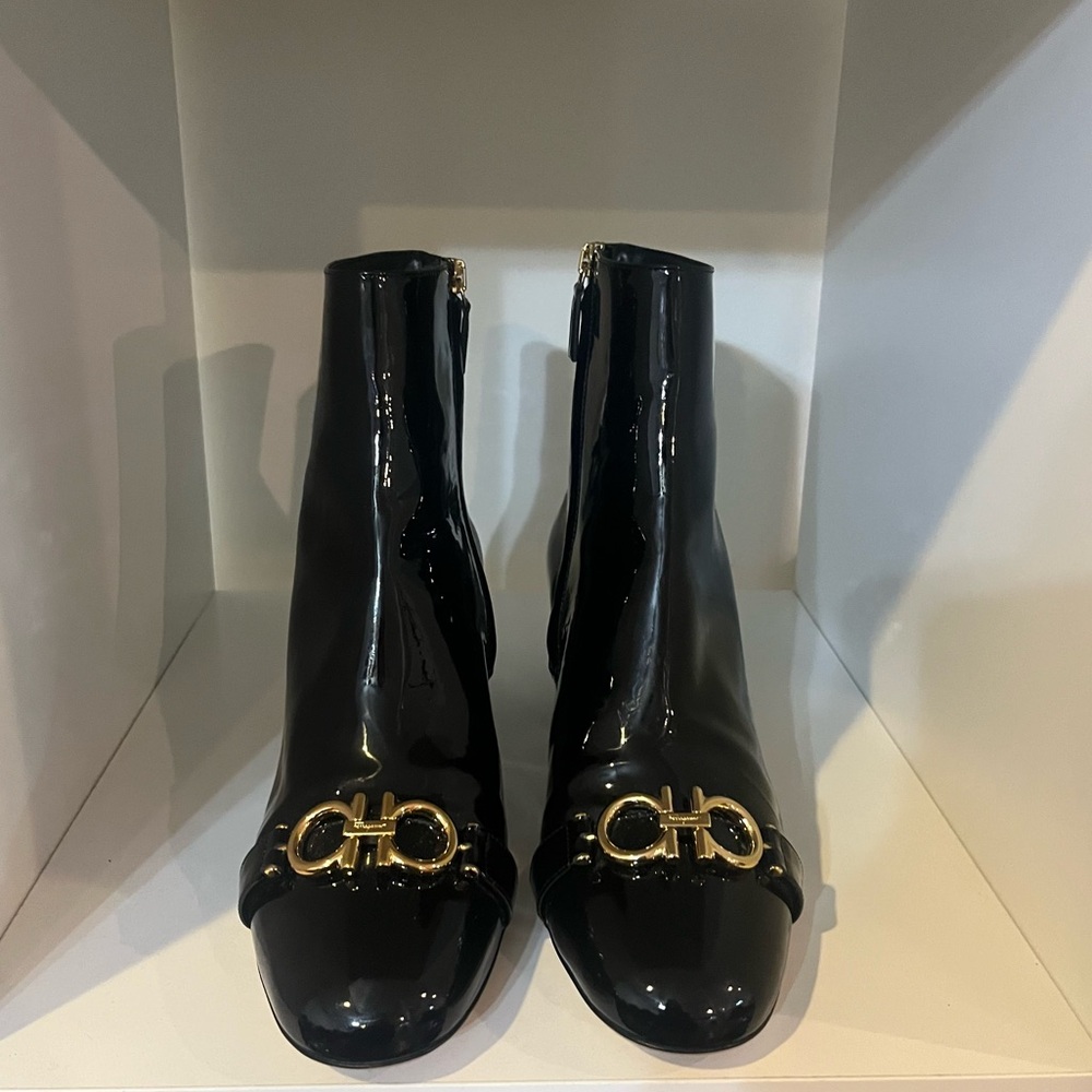 Salvatore Ferragamo Black Patent Leather Primula ankle boots with Gold Detail
